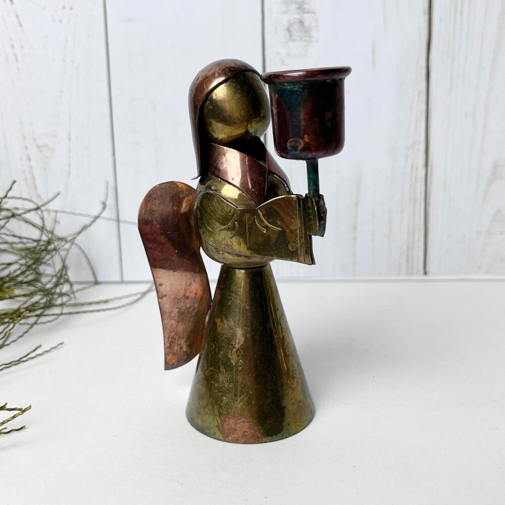 Vintage Mid Century Brass Copper Metal Angel Candle Holder Made In Mexico 4.5"T